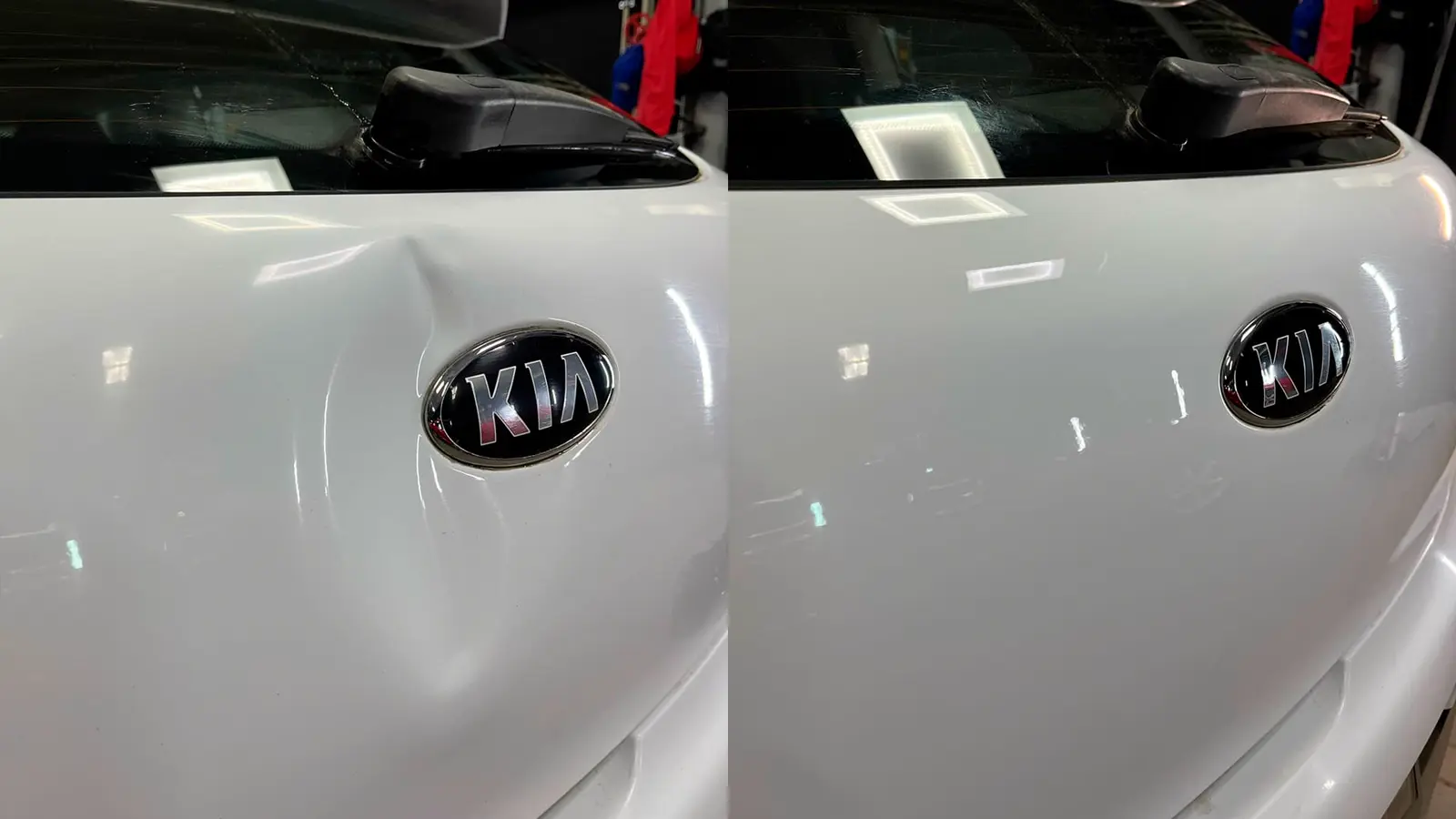 Выправление залома на крышке багажника Kia — до и после