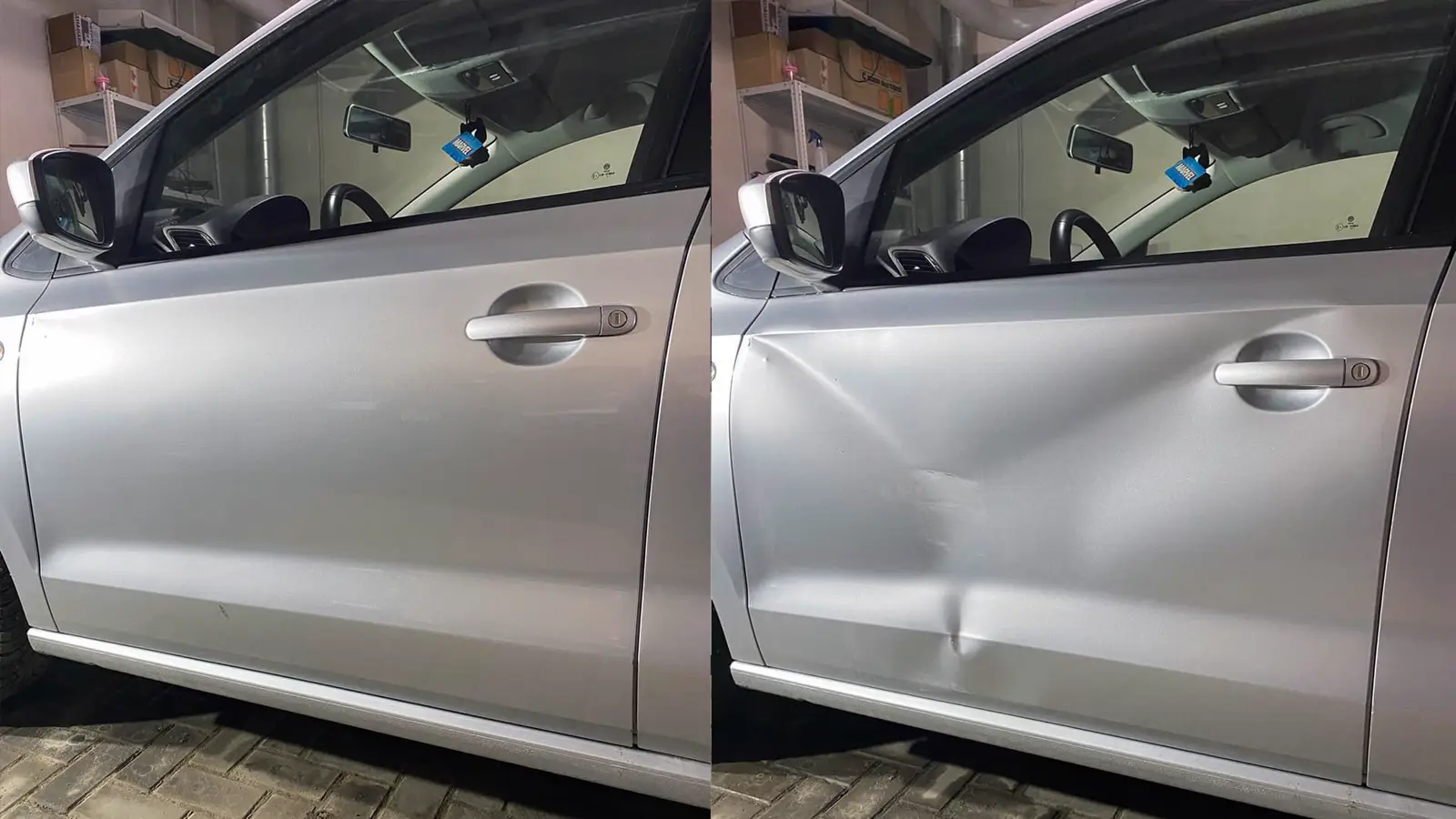 Выправленная вмятина на двери Volkswagen Polo — результат PDR-ремонта